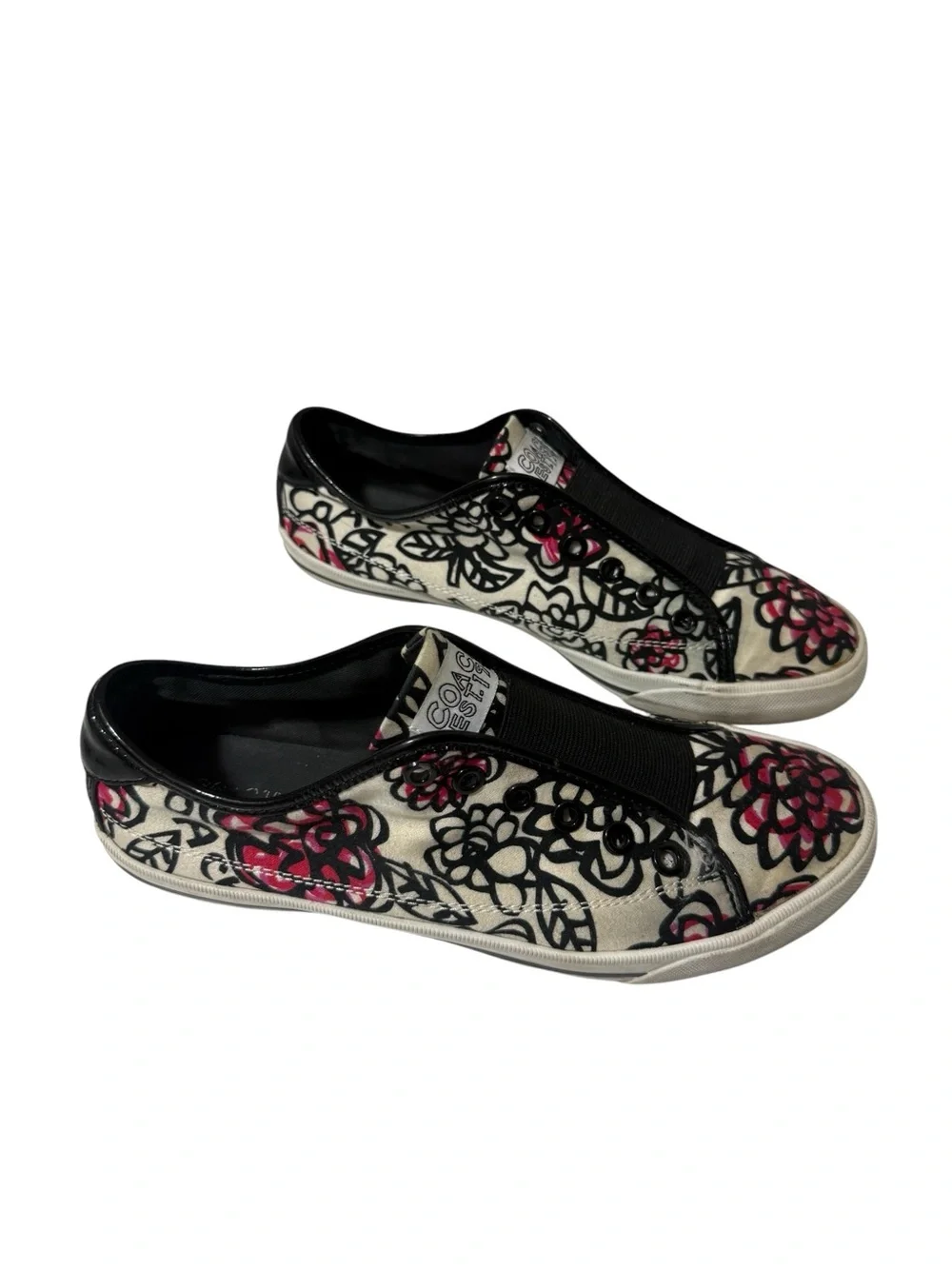 COACH Women’s Cream Slip-On Sneakers with Black & Red Floral Print